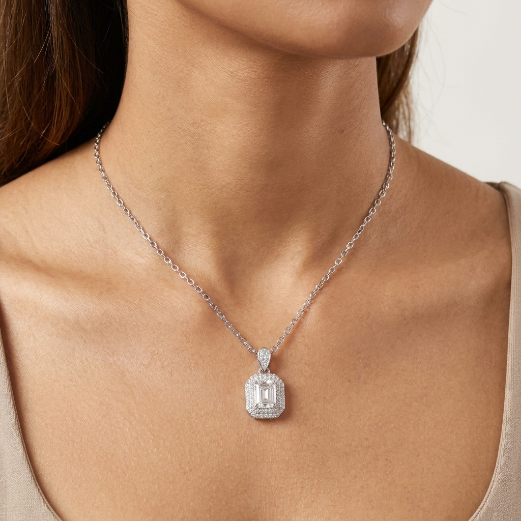 Delicate sparkle baguette Pendant in Moissanite with Silver