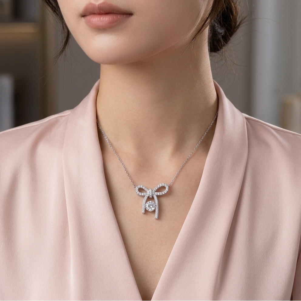 Dancing Moissanite Bowknot Moissanite Diamond Pendant in Sterling SIlver