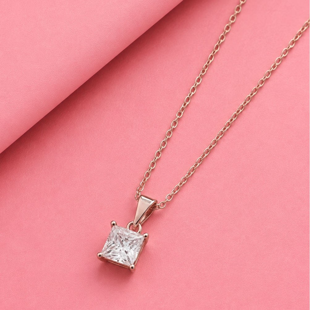Rose Gold Princess cut Pendant in Moissanite with Silver