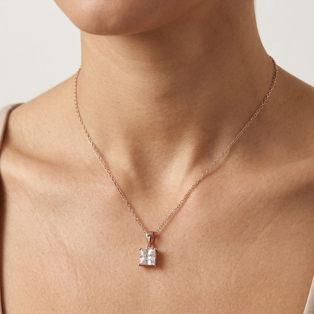 Rose Gold Princess cut Pendant in Moissanite with Silver