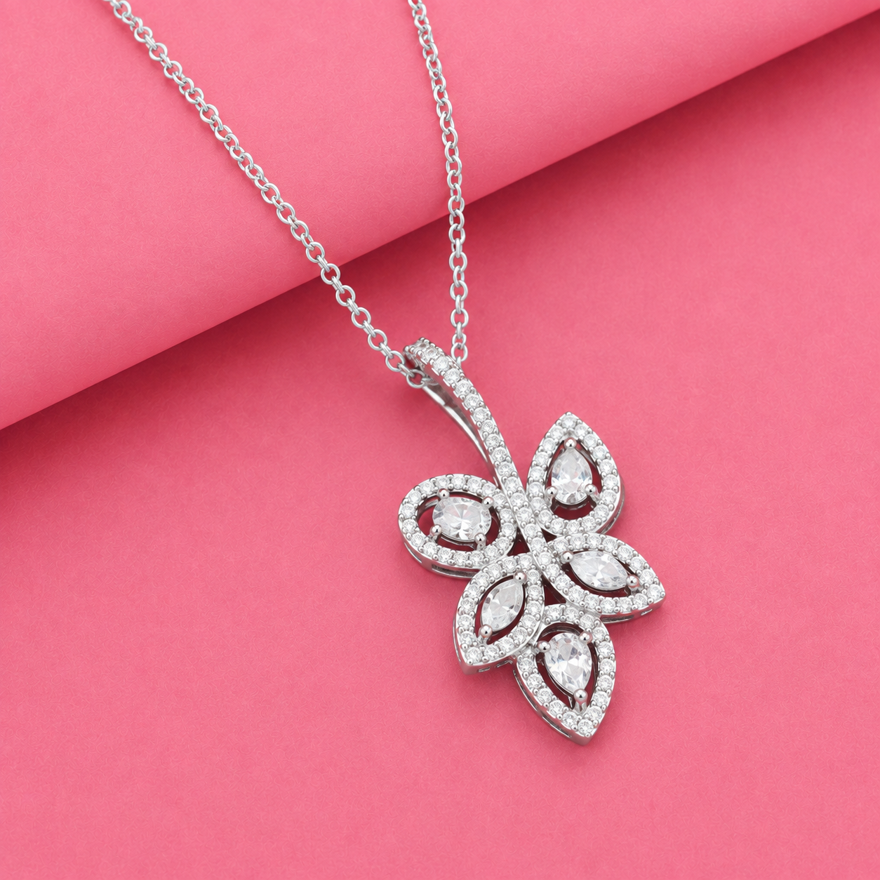 Moissanite Encrusted Autumn Leaf Pendant in Silver