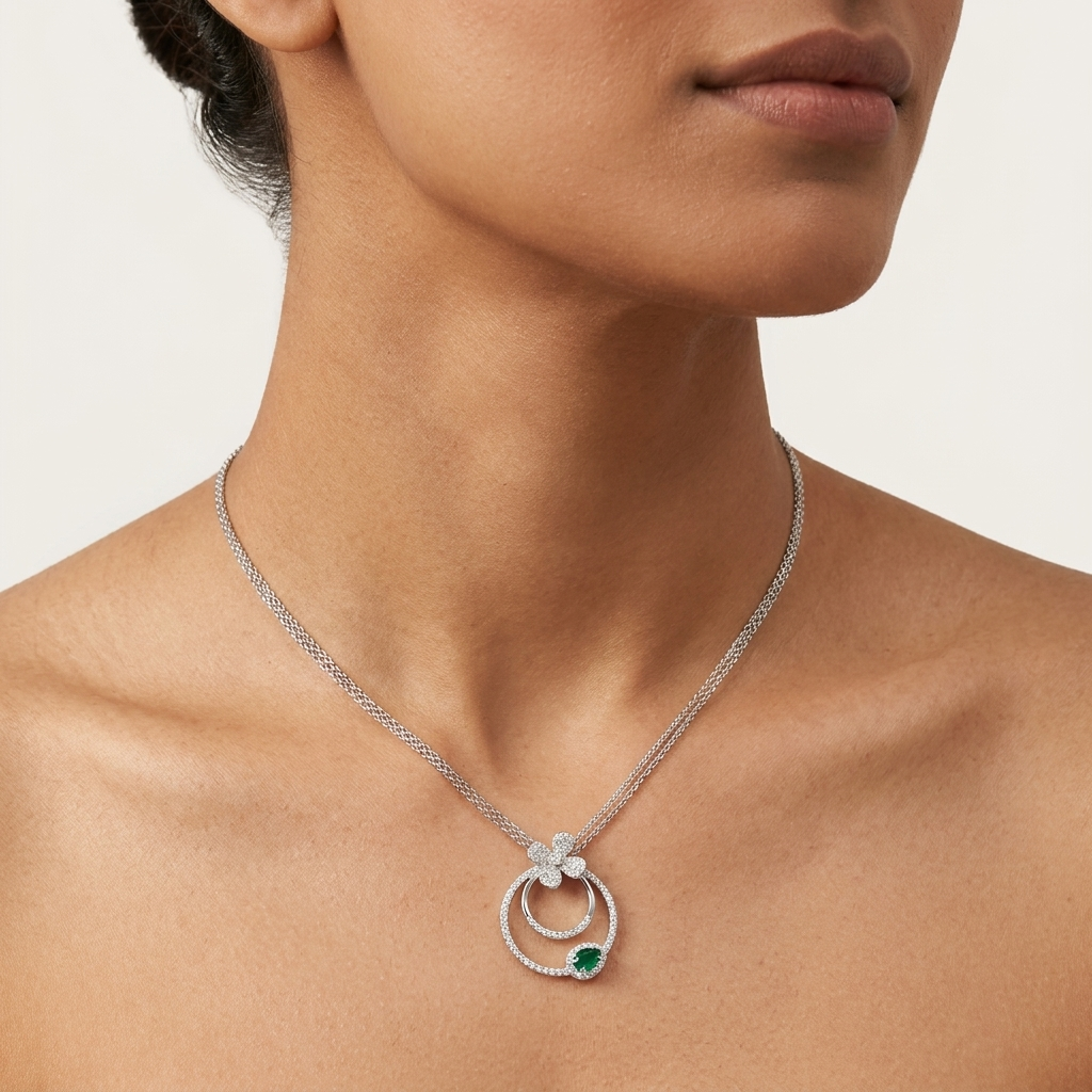 Double Round Lab Grown Emerald Pendant with Moissanite and Sterling Silver
