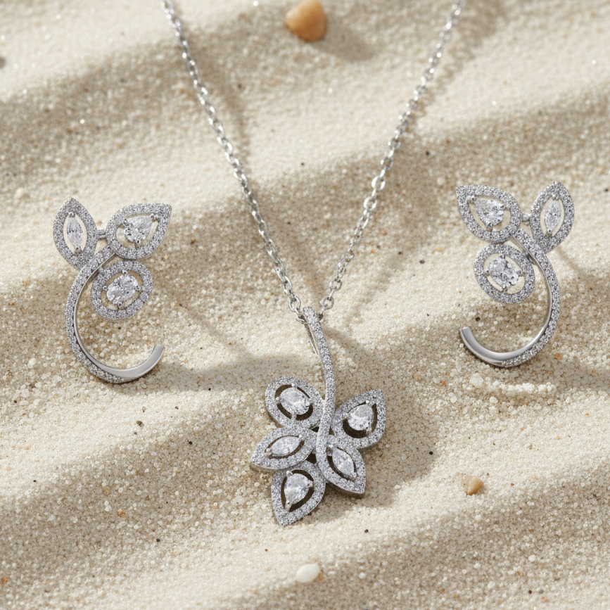 925 Silver Petal Sparkle Moissanite Pendant Set