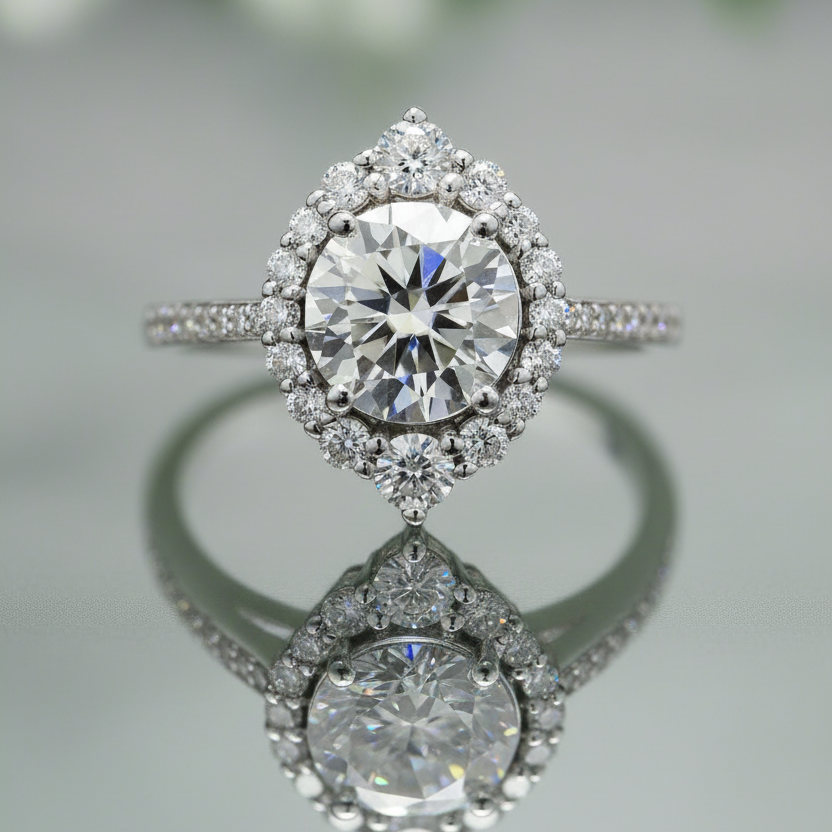 Round Halo Engagement Ring with Moissanite in Sterling Silver