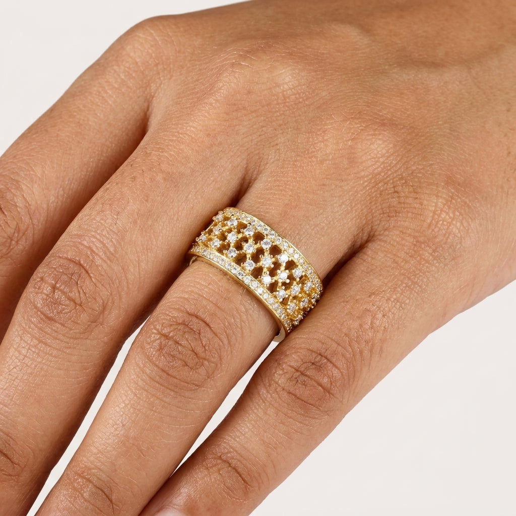 Moissanite Fern Band Ring in yellow Gold Rhodium