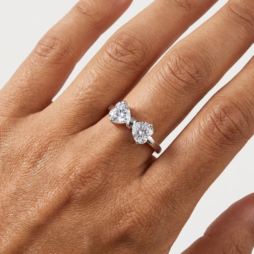 Two Stone Bow Ring, Two Heart Shape Moissanite Bow Style Ring, Bow Tie Moissanite Ring