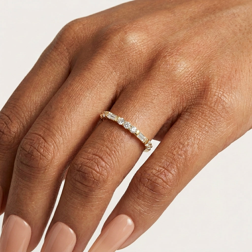 Straight Baguette and Round Natural Band Ring with Moissanite and Sterling Silver