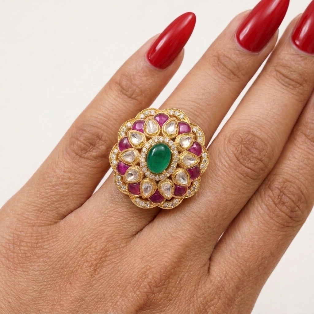 Moissanite Polki Florete Ring in Sterling Silver