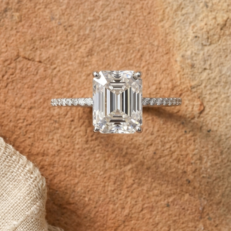 Mouni Roy inspired Emerald Cut Engagement Ring in Sterling Silver
