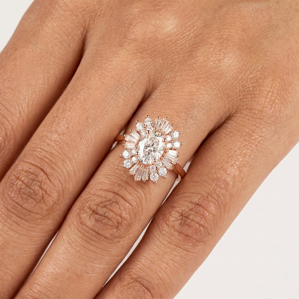 Star Burst Round Moissanite Diamond Ring| 925 silver| Rose Gold
