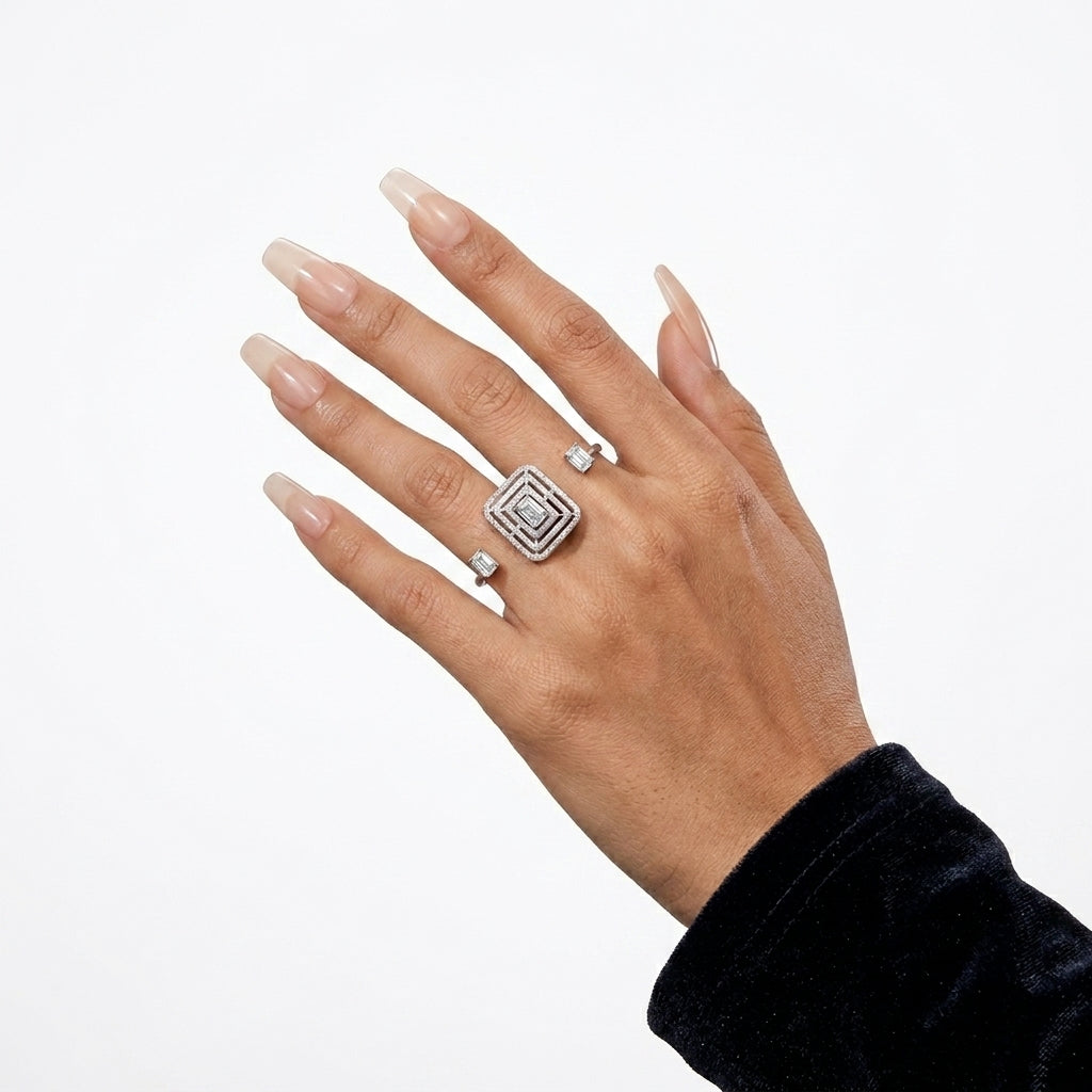 Sterling Silver with Moissanite 3 Finger Ring