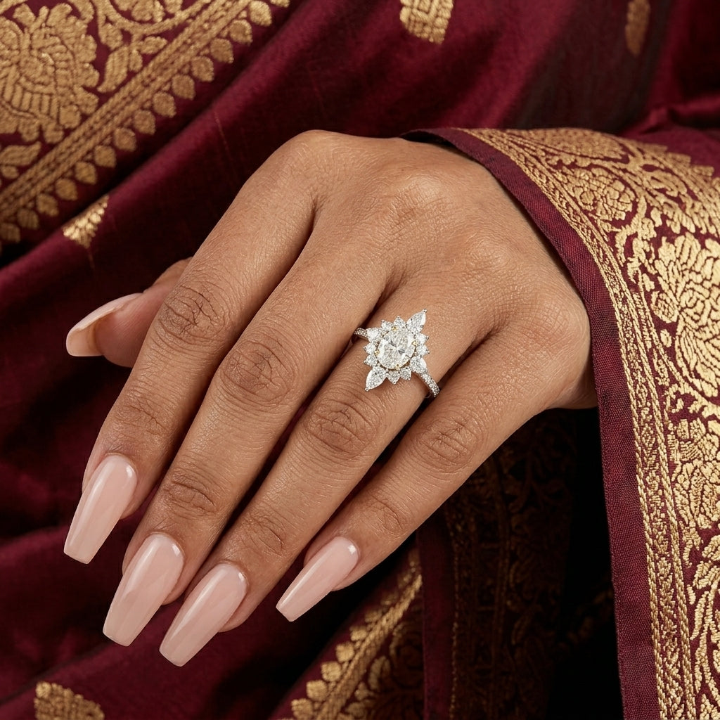 Sunburst Sunflower Engagement Ring with Moissanite in Sterling Silver