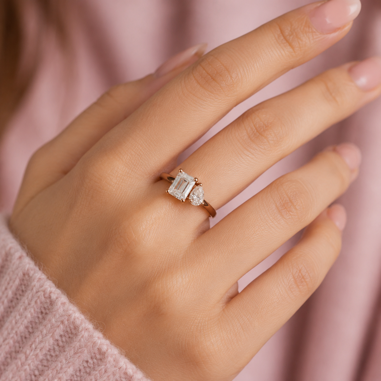 Moissanite Pear and Emerald Toi Et Moi Ring in Sterling Silver
