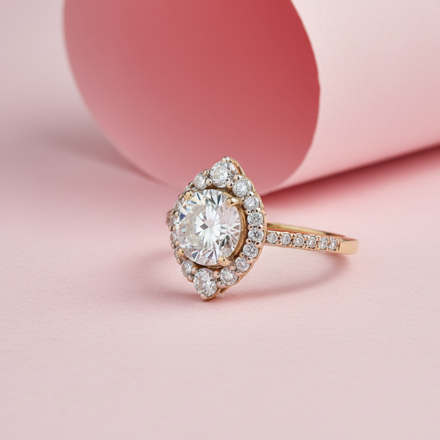 Round Halo Engagement Ring with Moissanite in Sterling Silver