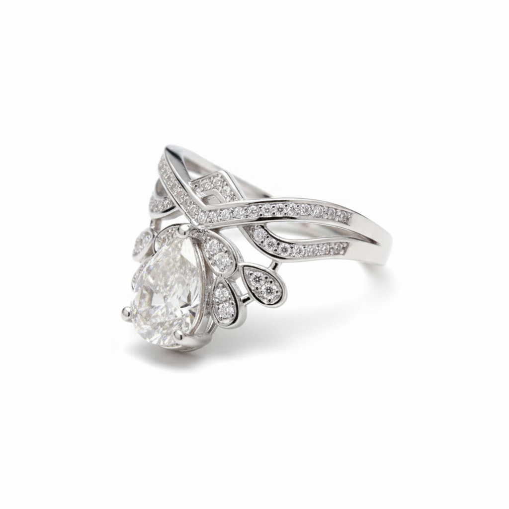 Pear Cut Crown Engagement Ring with Moissanite in Sterling Silver