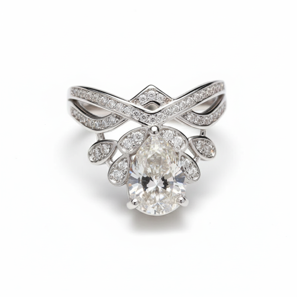 Pear Cut Crown Engagement Ring with Moissanite in Sterling Silver