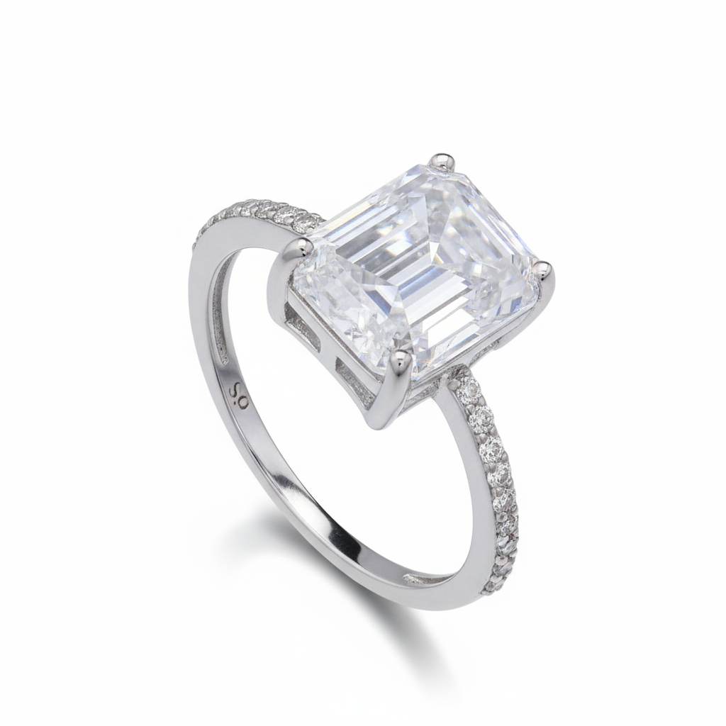 Elegant Emerald cut Moissanite Silver Promise Ring