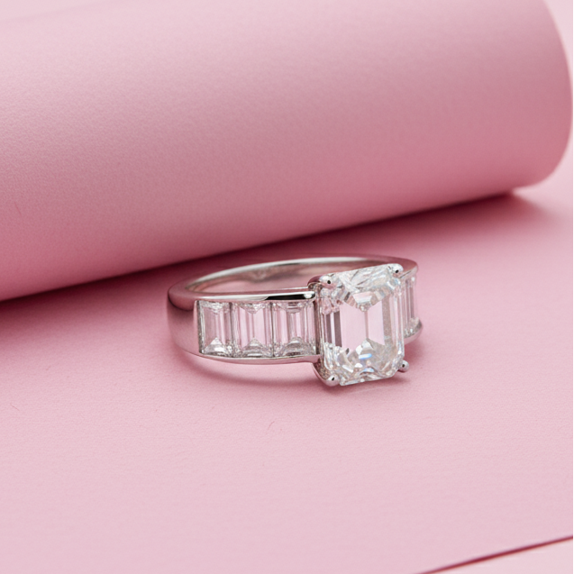 Classic Emerald Cut and step down Baguette Ring with Moissanite in Sterling Silver