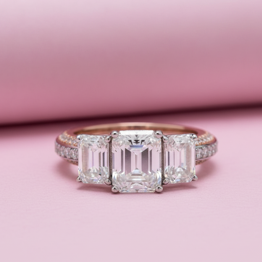 3 stone Engagement Emerald cut Ring with Moissanite in Sterling Silver