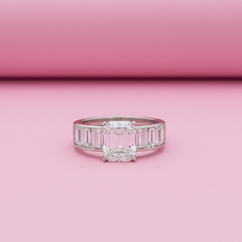 Classic Emerald Cut and step down Baguette Ring with Moissanite in Sterling Silver