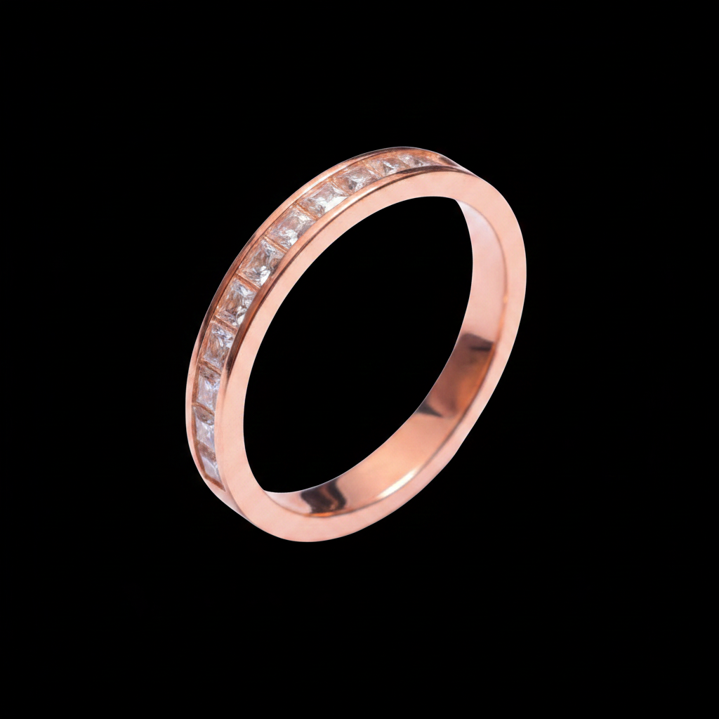 Rose Gold Band Ring with Moissanite and Sterling Silver