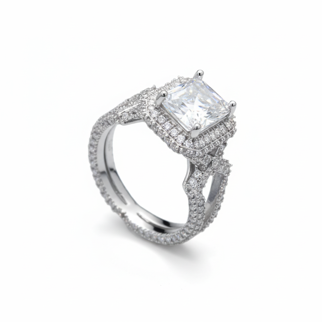 Sterling Silver Stunner Radiant Ring with Moissanite in Sterling Silver