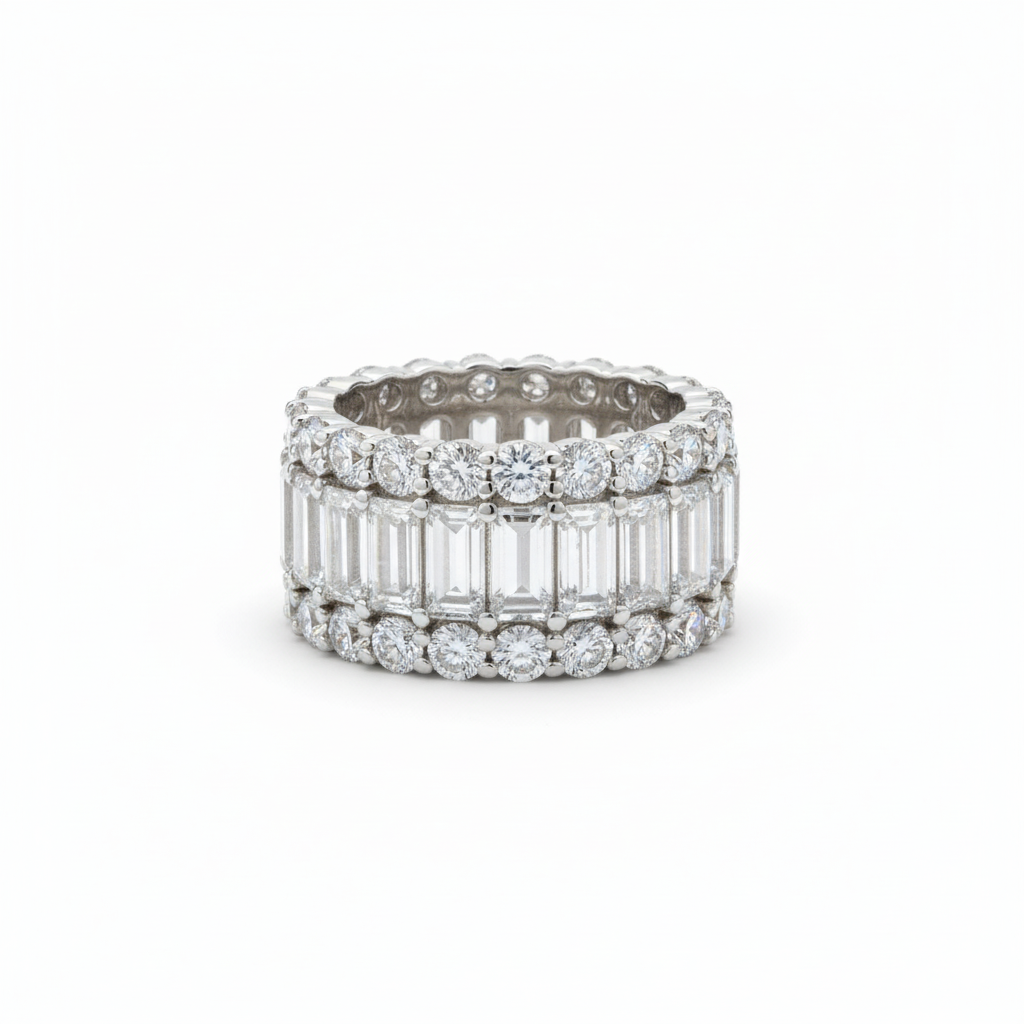 Classic Baguette Eternity Ring Band with Moissanite in Sterling Silver