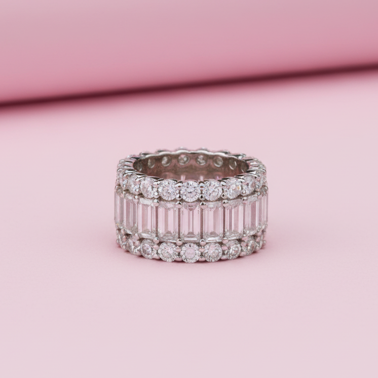 Classic Baguette Eternity Ring Band with Moissanite in Sterling Silver