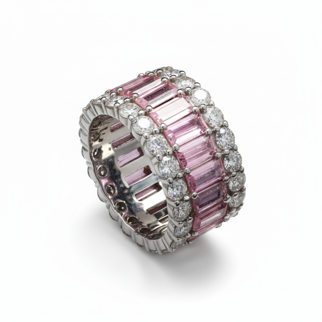 Classic Baguette Eternity Ring Band with Moissanite in Sterling Silver