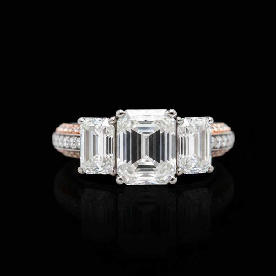 3 stone Engagement Emerald cut Ring with Moissanite in Sterling Silver