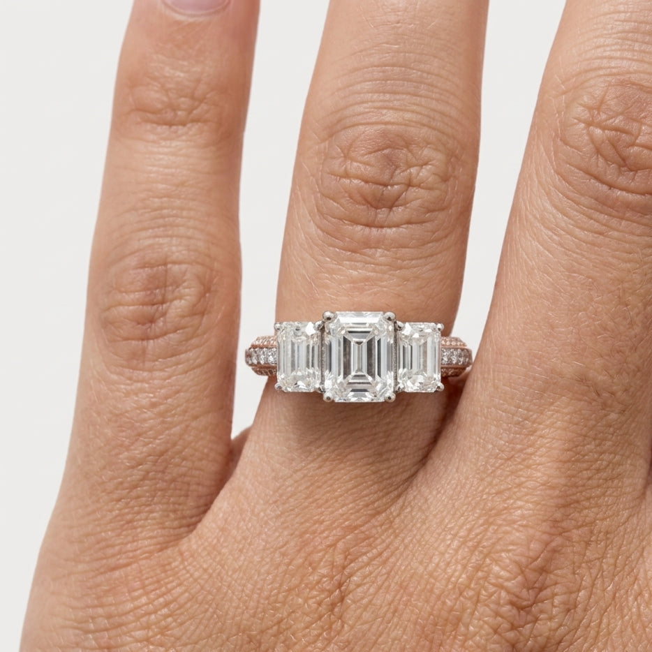 3 stone Engagement Emerald cut Ring with Moissanite in Sterling Silver