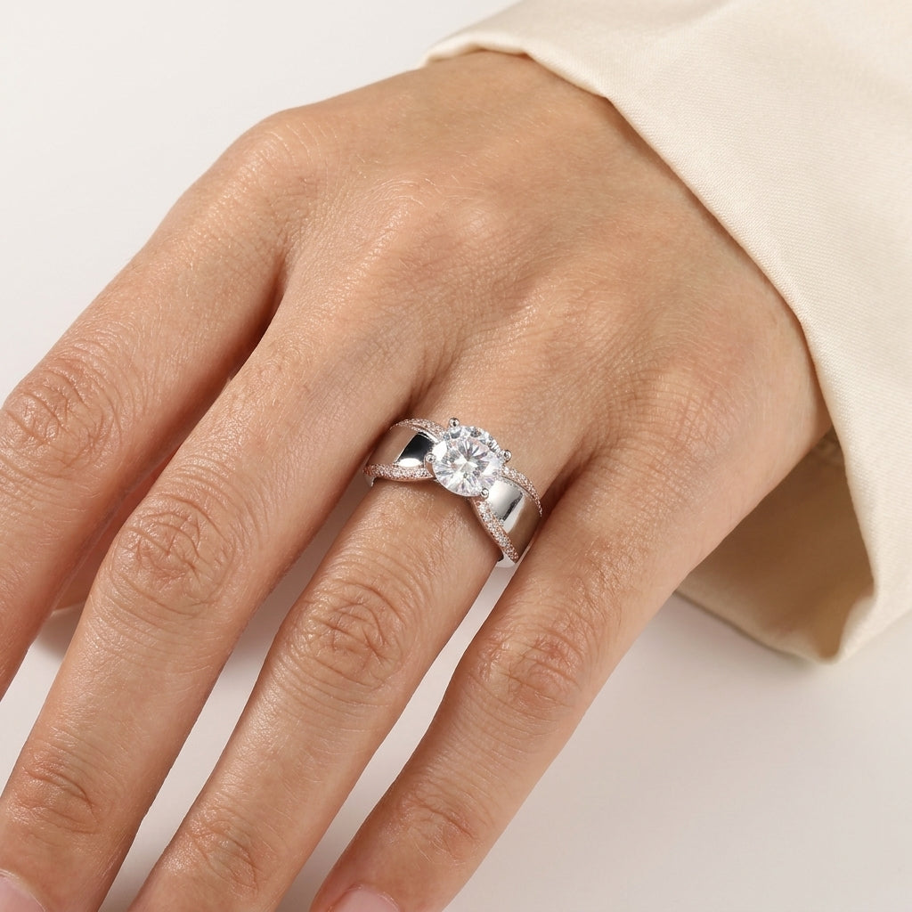 Bold Spark Moissanite Ring for her in Sterling Silver, Cocktail Ring
