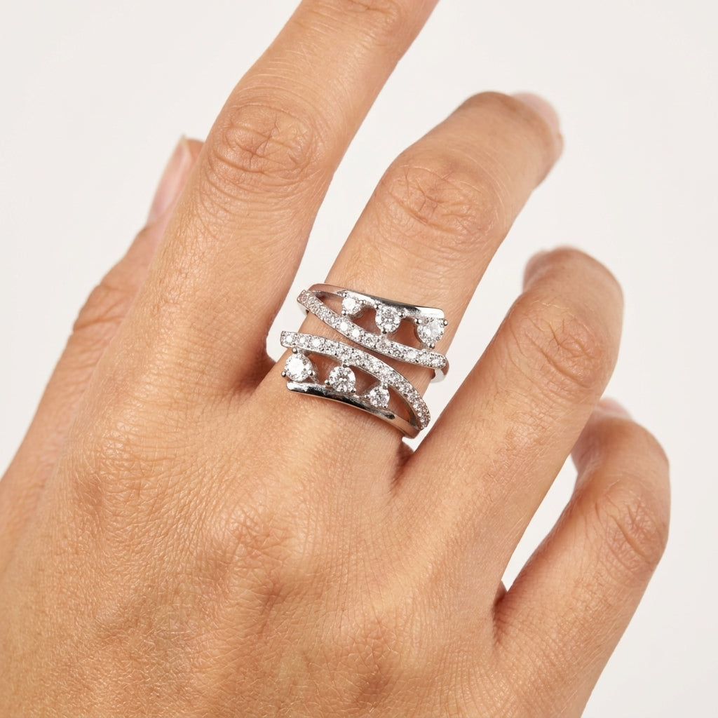 Damascene Jasmine Fancy Ring in Sterling Silver with Moissanite Diamond; Cocktail Ring