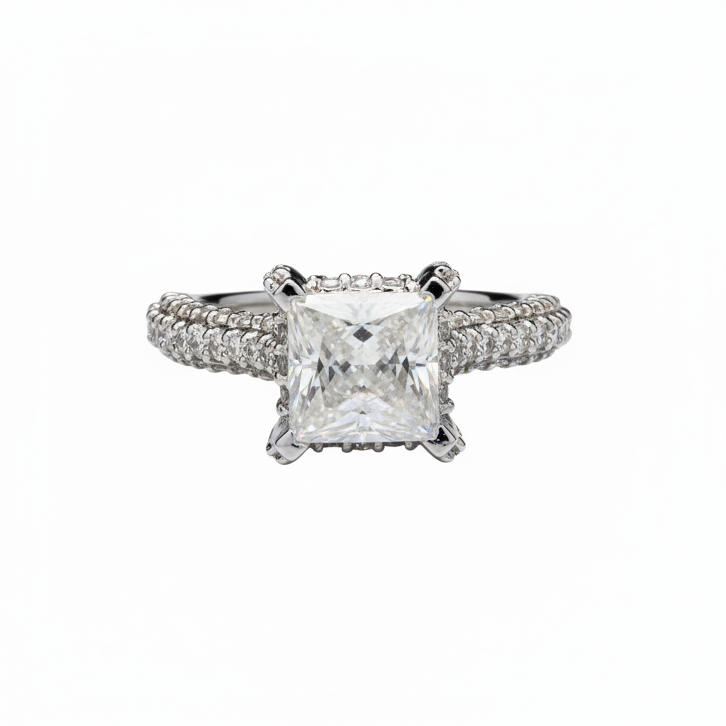 Princess & Round cut Ring with Moissanite in Sterling Silver