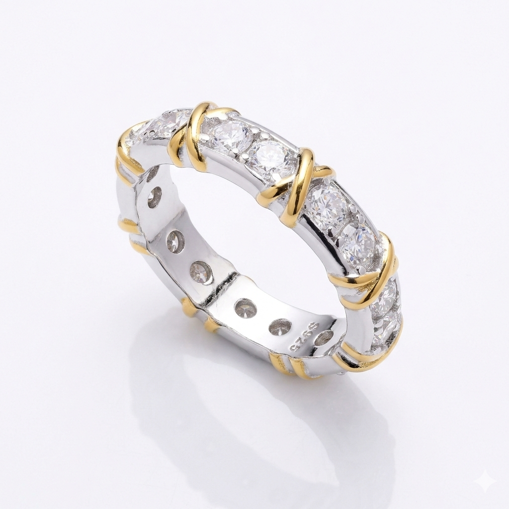 Gold Plated Classic Band Ring with Moissanite in Sterling Silver