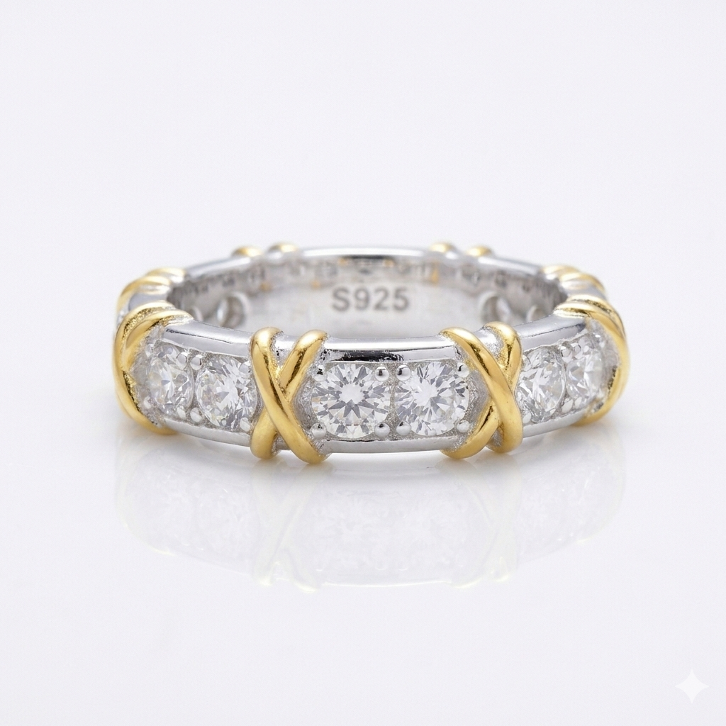 Gold Plated Classic Band Ring with Moissanite in Sterling Silver