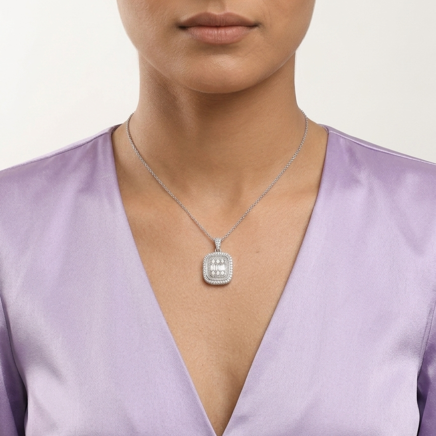 Emerald Shaped Moissanite Pendant in Silver