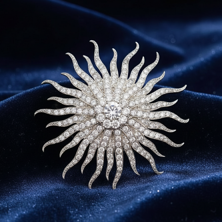 Sun Brooch in 925 Sterling Silver with Moissanite Stones