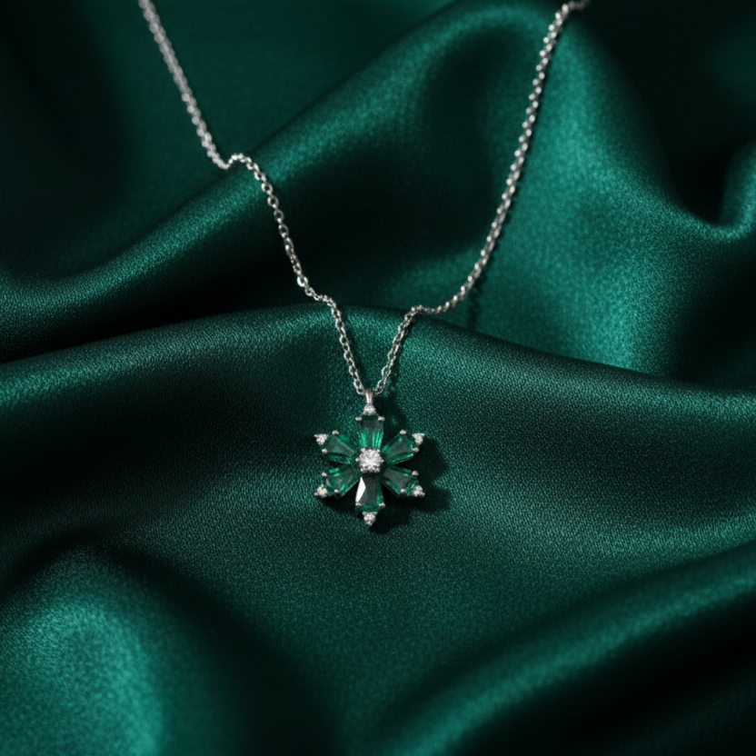Lab Grown Emerald Flower Pendant with Moissanite in Sterling Silver