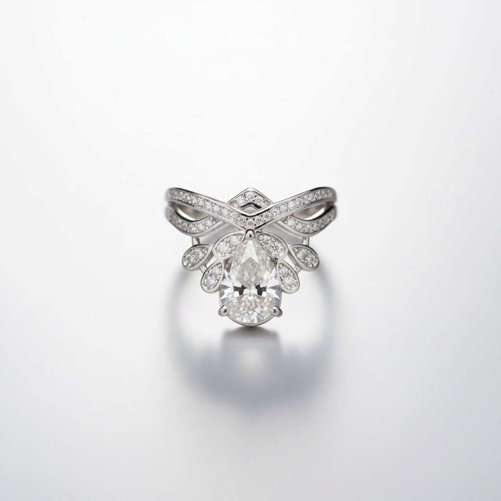 Pear Cut Crown Engagement Ring with Moissanite in Sterling Silver