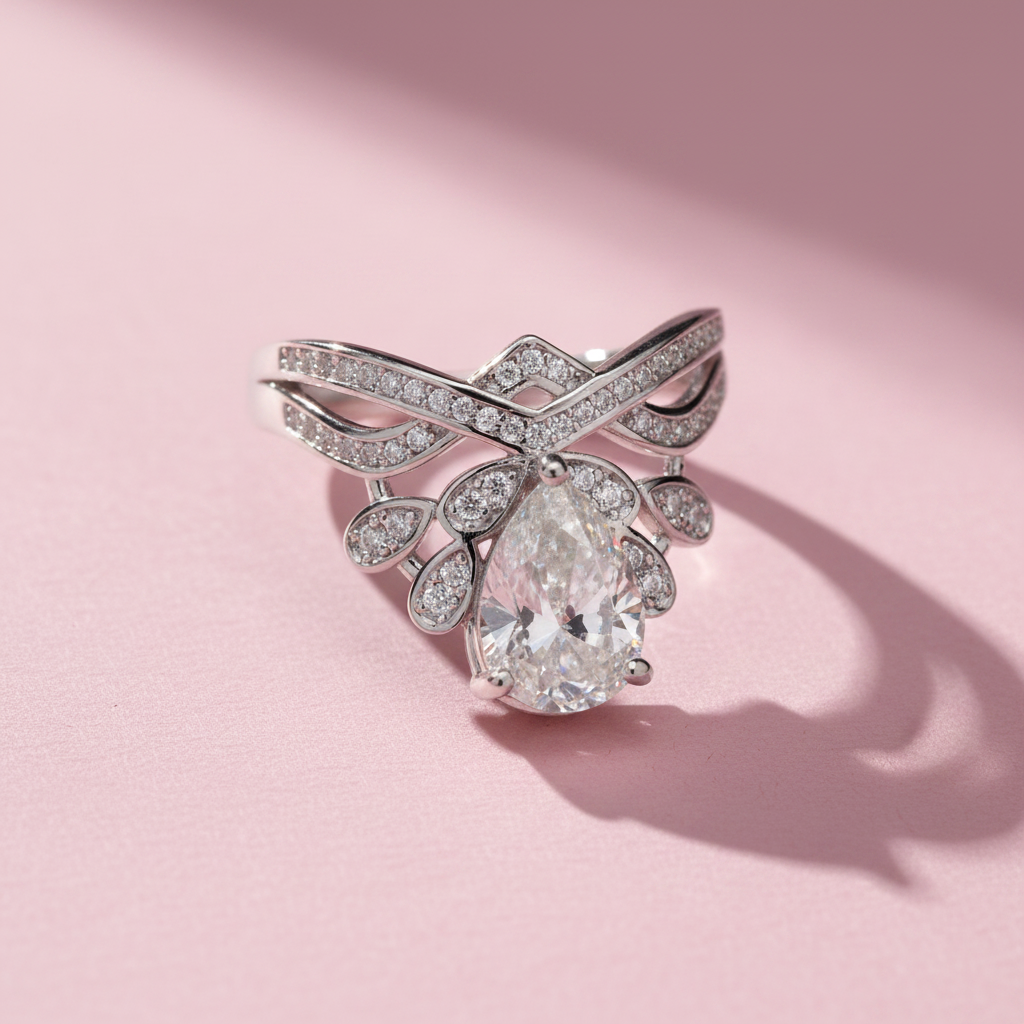 Pear Cut Crown Engagement Ring with Moissanite in Sterling Silver