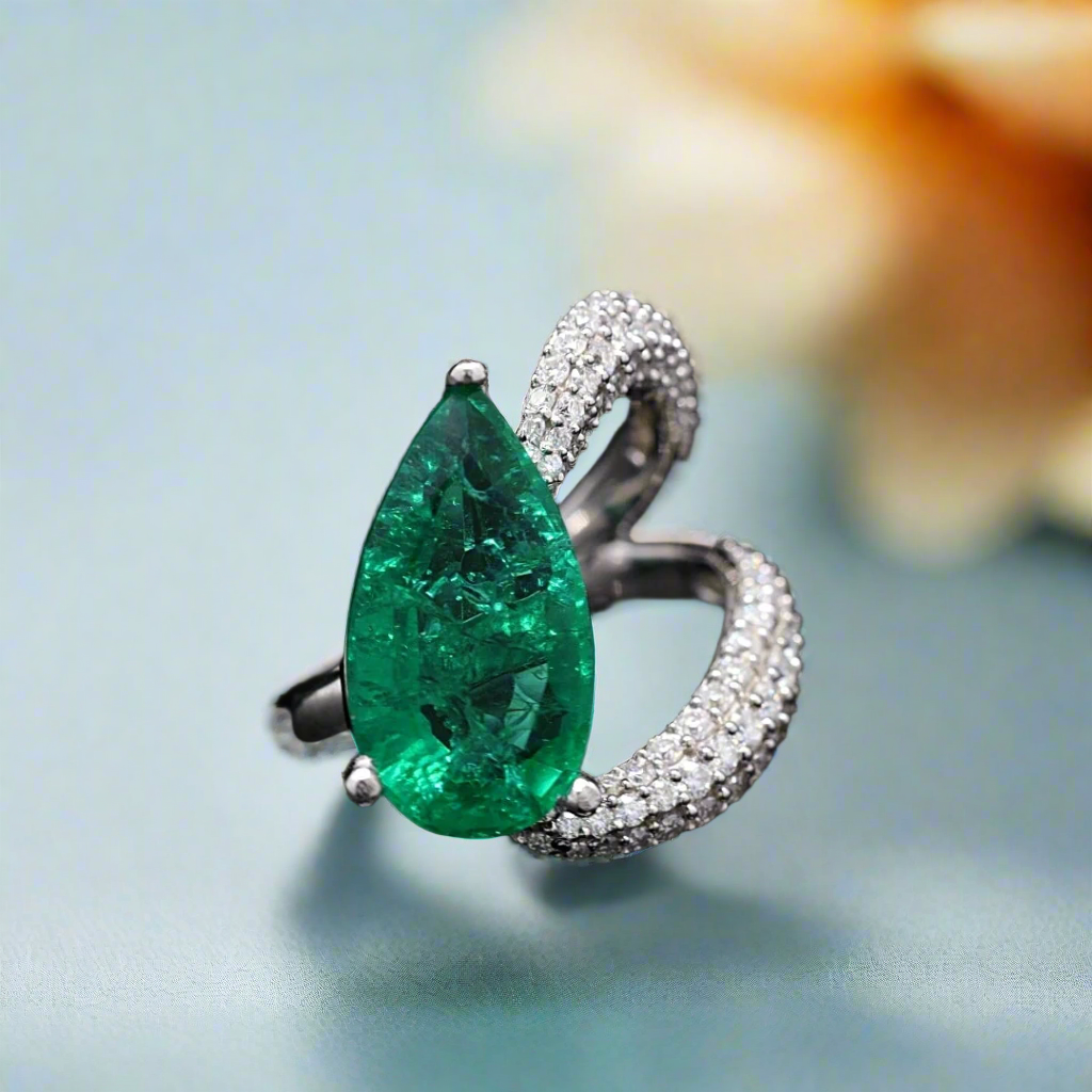 Pear shape Lab Grown Emerald Ring
