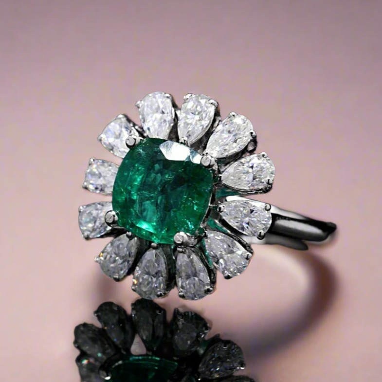 Floral Lab Grown Emerald Ring with Silver and Moissanite