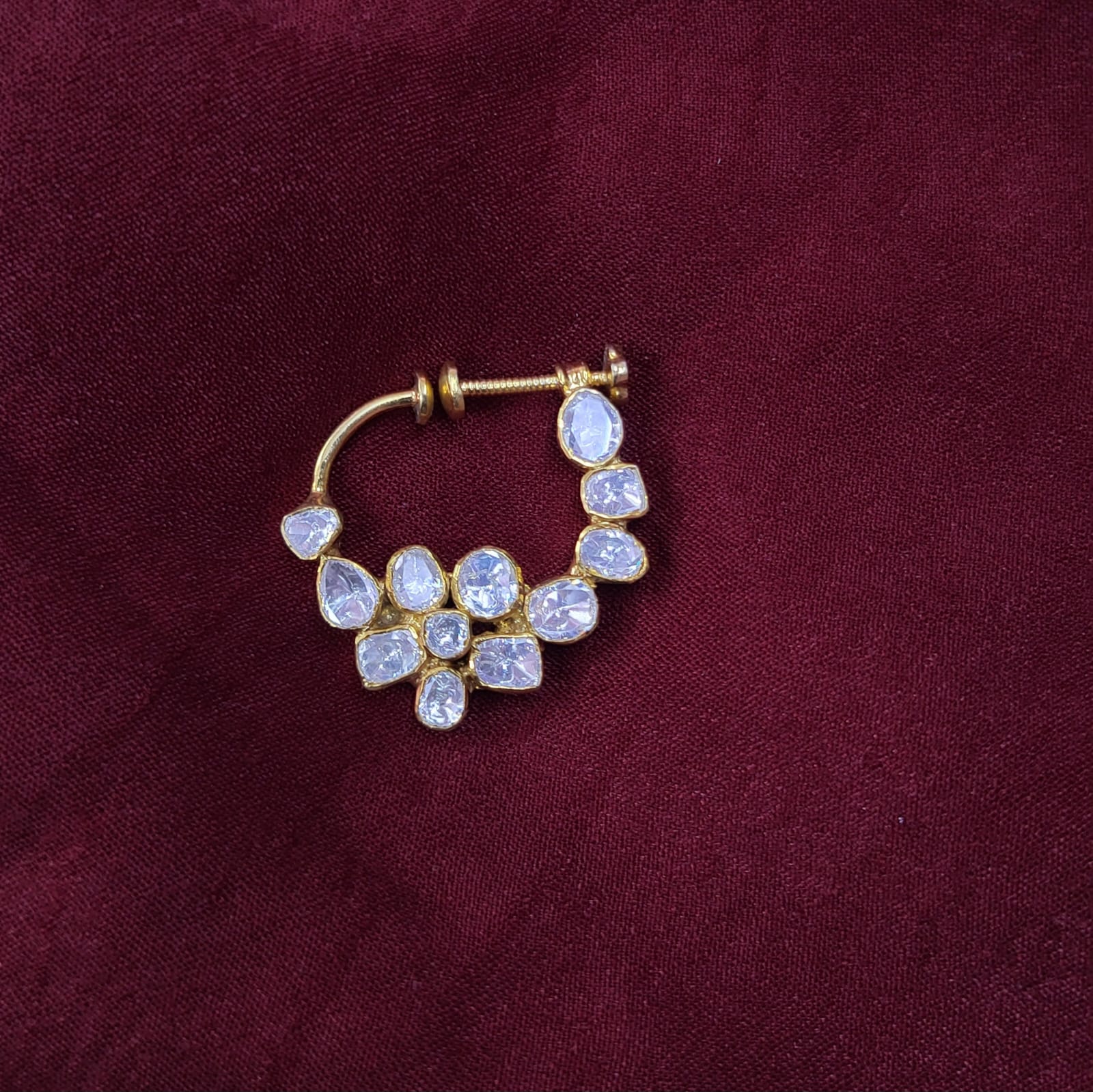 Designer Bridal Screw Nose Ring (Nath) in 925 Silver with Moissanite Polki & Gold Rhodium