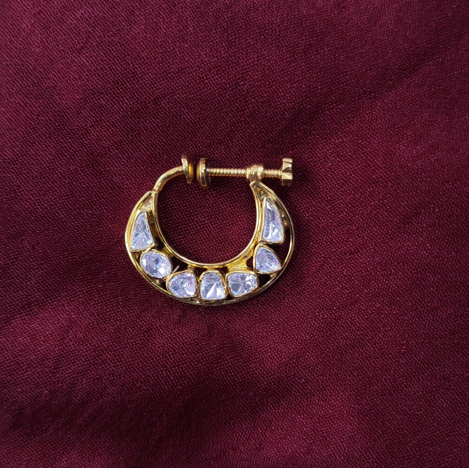 Royal Bridal Screw Nath with Moissanite Polki in 925 Sterling Silver, Gold Rhodium Coated