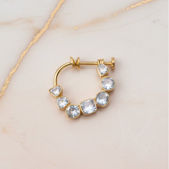 Bridal Screw Nath in 925 Sterling Silver with Moissanite Polki and Gold Rhodium Finish