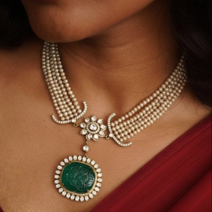 Victorian Moissanite Polki with Moissanite and Lab Grown Emerald Necklace in 925 Silver