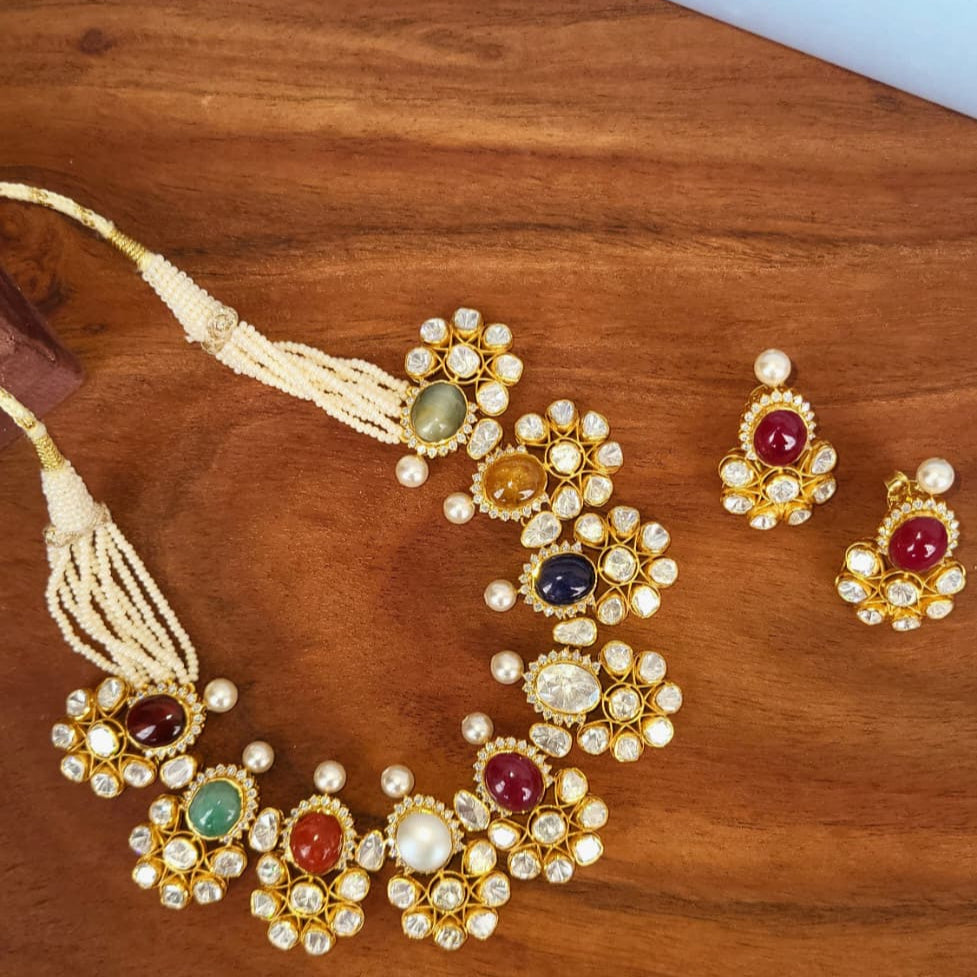 Navratan Necklace in Sterling Silver with Moissanite Polki