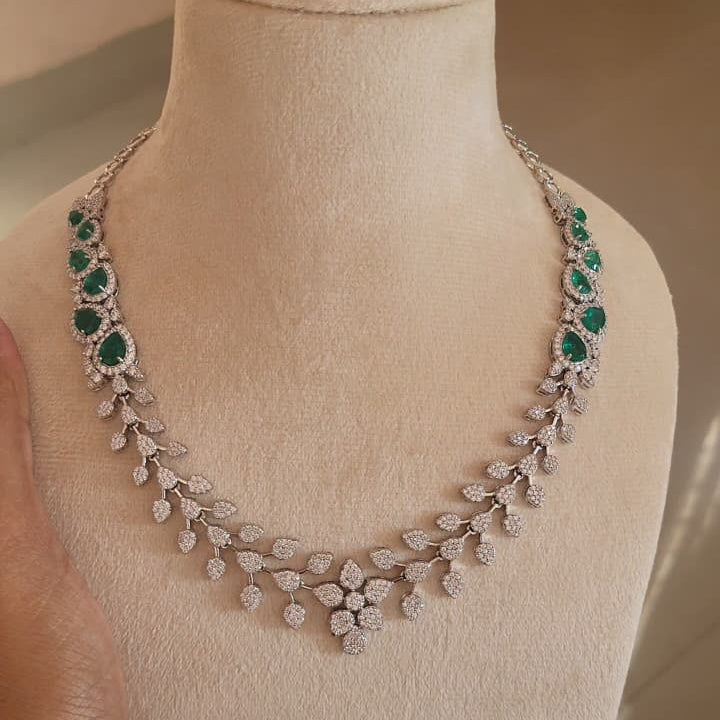 925 Silver Moissanite with Lab Grown Emerald Necklace