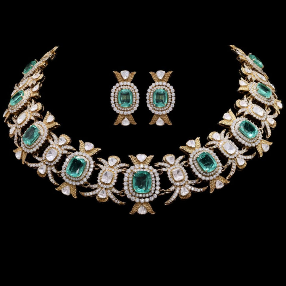 925 Silver Victorian Bridal Moissanite with Lab Grown Emeralds & Polki Necklace